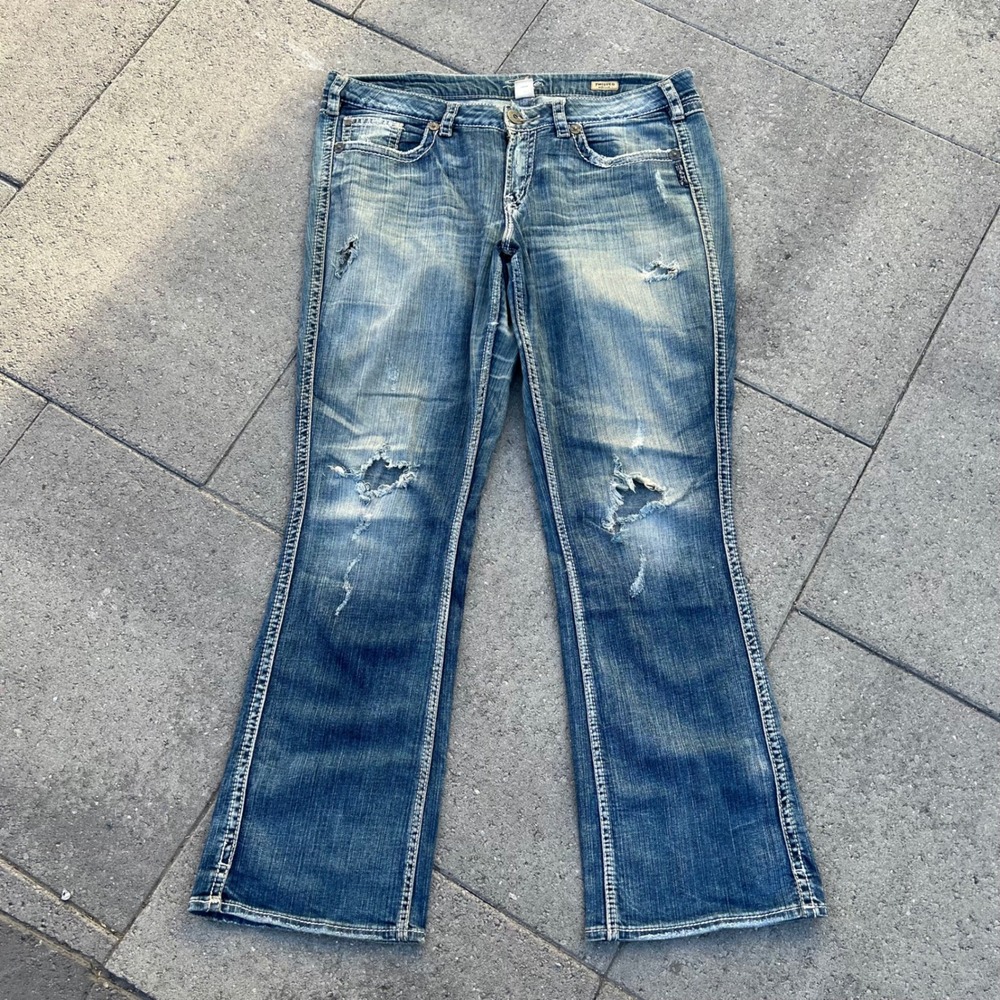 Silver Jeans Twisted Bootcut Distressed Blue Denim Jeans Size 16 W39 L32